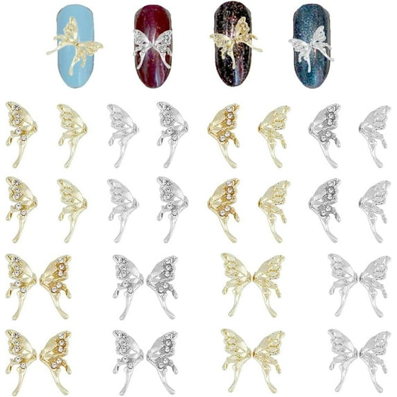 80Pcs 8 Style Rhinestone Butterfly Nail Charms Silver and Gold Diamond Alloy Butterfly Nail Butterflies Shape Charms for Nails Gems Jewels DIY Manicure Accessory colorful