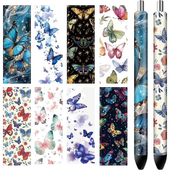 80Pcs 8 Style Self-Adhesive Coated Paper Pen Stickers Waterproof Pen Wraps Transfer Decals Butterfly 120x40mm 10Pcs/style diy