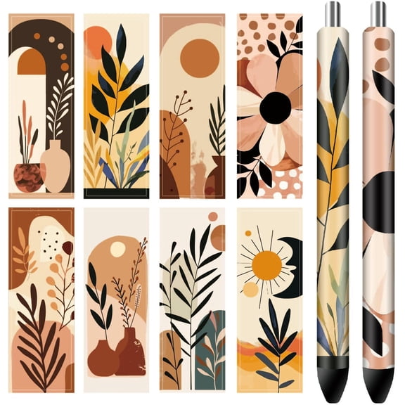 80Pcs 8 Style Self-Adhesive Coated Paper Pen Stickers Waterproof Pen Wraps Transfer Decals Flower 120x40mm 10Pcs/style for DIY