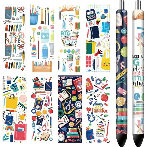 80Pcs 8 Style Self-Adhesive Coated Paper Pen Stickers Waterproof Pen Wraps Transfer Decals Pen 120x40mm 10Pcs/style
