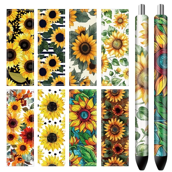 80Pcs 8 Style Self-Adhesive Coated Paper Pen Stickers Waterproof Pen Wraps Transfer Decals Sunflower 120x40mm 10Pcs/style for DIY