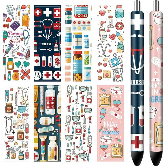 80Pcs 8 Style Self-Adhesive Coated Paper Pen Stickers Waterproof Pen Wraps Transfer Decals Symbol 120x40mm 10Pcs/style