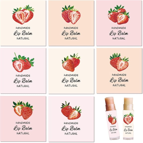 80Pcs 8 Styles Cute Lip Balm Stickers Strawberry Pattern Self Adhesive Tubes Homemade Lipstick Paper Labels Square Waterproof Tag Decal for DIY Containers Cosmetics Wrapping Decorations Album