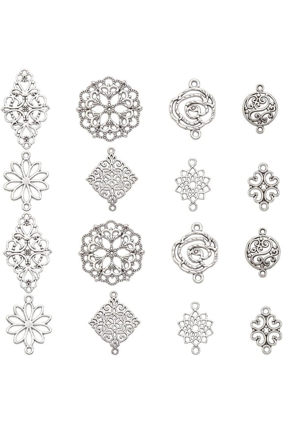 80Pcs 8 Styles Filigree Jewelry Connectors Silver Filigree Charms Bulk Alloy Hollow Tibetan Charm Vintage Flower Connector for DIY handcrafting