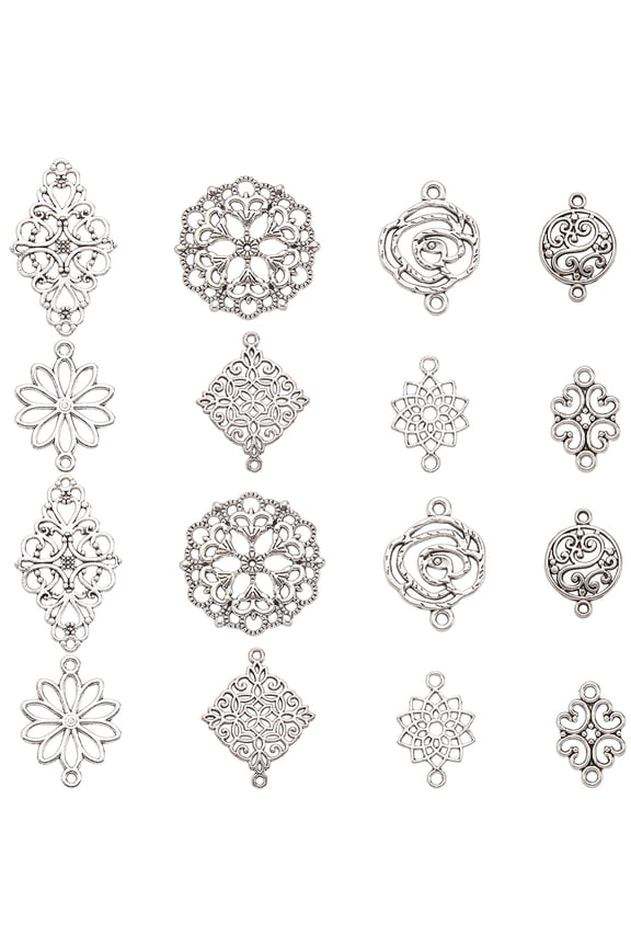 80Pcs 8 Styles Filigree Jewelry Connectors Silver Filigree Charms Bulk Alloy Hollow Tibetan Charm Vintage Flower Connector for DIY