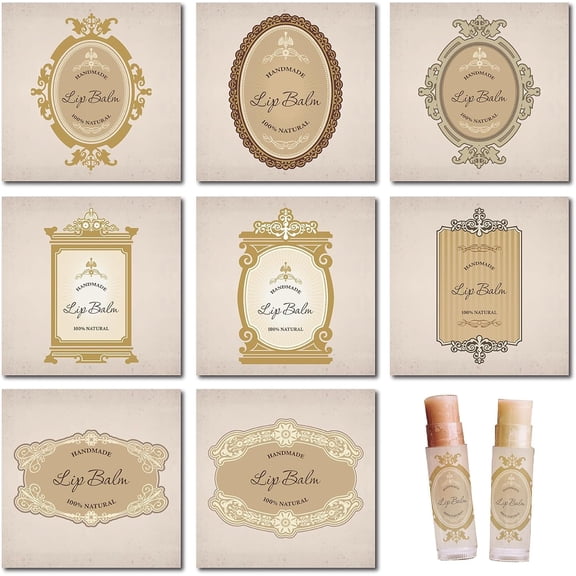 80Pcs 8 Styles Labels for Lip Balm Coated Paper Paster Retro Square Tubes Lip Balm Labels Stickers Natural Homemade Self-Adhesive Stickers Logo for Containers Cosmetics Lipsticks Beige