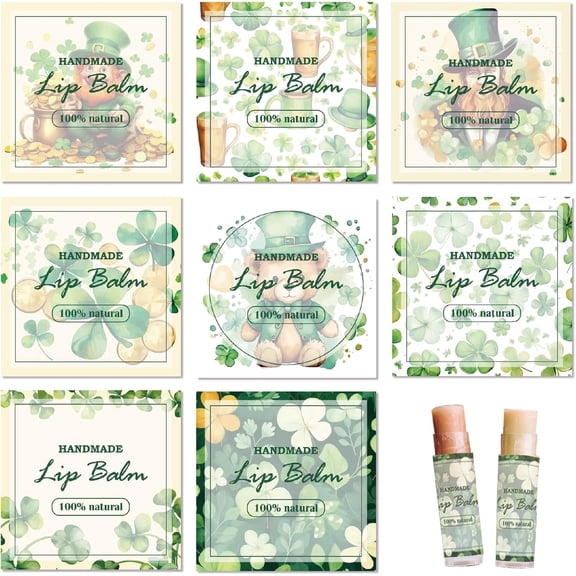 80Pcs 8 Styles Lip Balm Sticker Clover Saint Patrick's Day Self-Adhesive Homemade Lip Balm Labels Vintage Square DIY Label Stickers for Lip Balm Containers Cosmetics Lipsticks Multi-color