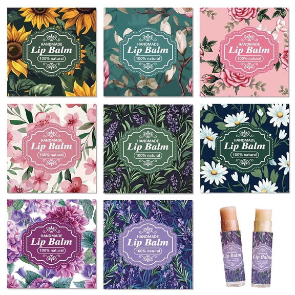 80Pcs 8 Styles Lip Balm Sticker Flower Background Self Adhesive Homemade Lip Balm Labels Vintage Square Floral Plant Botanical Label Stickers