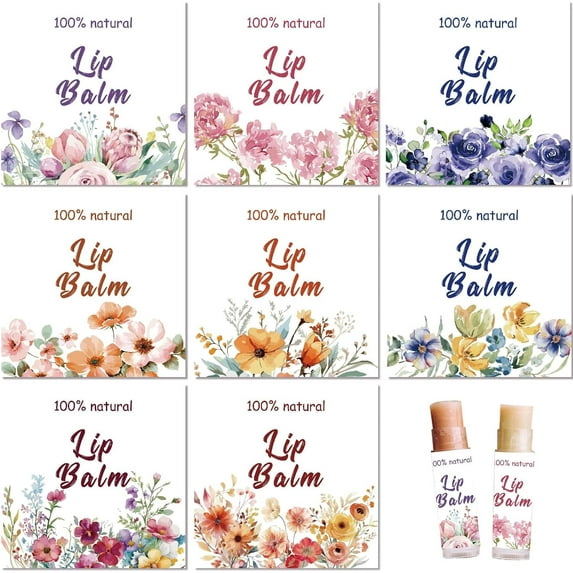 80Pcs 8 Styles Lip Balm Sticker Flower Self-Adhesive Homemade Lip Balm Labels Vintage Square DIY Plant Label Stickers for Lip Balm Containers Cosmetics Lipsticks