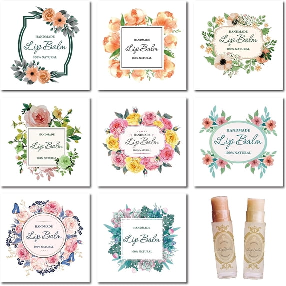 80Pcs 8 Styles Lip Balm Sticker Self-Adhesive Homemade Lip Balm Labels Floral Patter Square Printable DIY Label Stickers