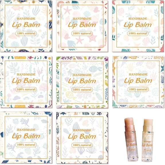 80Pcs 8 Styles Lip Balm Sticker Waterproof Ocean Label 2" Homemade Sea Starfish Coral Square DIY Stickers for Hand Cream Candle Containers Cosmetics Lipsticks Tubes Multi-color