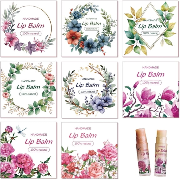 80Pcs 8 Styles Lip Balm Sticker Wreath Flower Floral Rose Peony Self-Adhesive Homemade Labels Vintage Square DIY Stickers for Containers Cosmetics Lipsticks for DIY