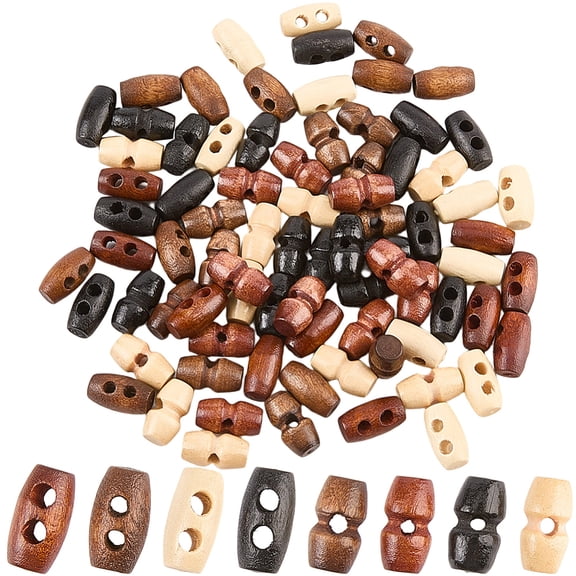80Pcs 8 Styles Mini Wooden Toggle Buttons 1 Hole 2 Hole Tiny Sewing Horn Button Olive Shape Clothing Embellishments 0.59 Inch