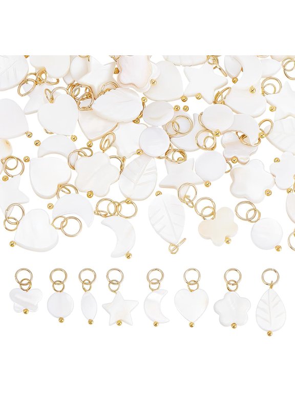 80Pcs 8 Styles Natural Freshwater Shell Charms Star Flower Butterfly Leaf Moon Shape Shell Charms White Shells Charm Pendants