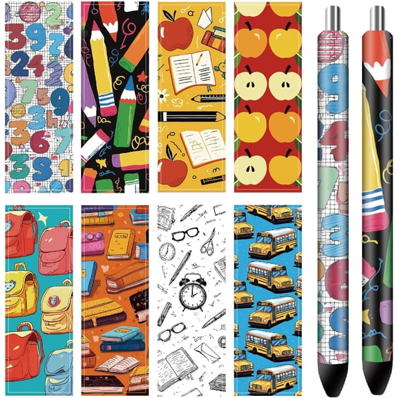 80Pcs 8 Styles School Pen Wraps Decals Books Schoolbags Stationery Self Adhesive Coated Paper Pen Stickers HD Print Waterproof 4.7x1.6 for DIY