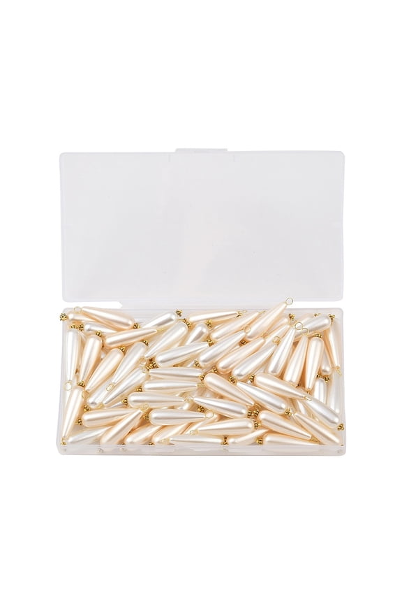 80Pcs Acrylic Imitation Pearl Pendants with Flower Daisy Spacer Beads & Brass Ball Head Pins Golden Teardrop Old Lace 35x8.5mm Hole: 2mm 80pcs/box