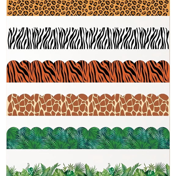 80Pcs Animal Print Bulletin Board Borders, Scalloped Trim, Leopard Giraffe Tropical Leaves, 6 Styles