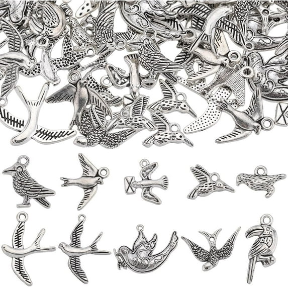 80Pcs Bird Charm Silver Hummingbird Charms Bulk Tibetan Style Alloy Vintage Animal Mini Birds Charm