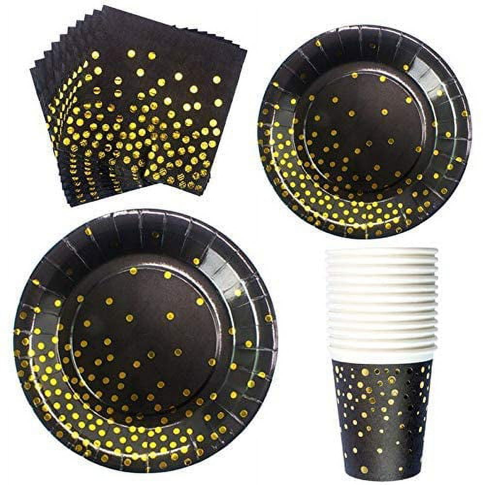 80Pcs Black Party Tableware Dinnerware Paper Plates Napkins Cups Disposable Dinner Dessert Plates for Birthday Party Suppplies,Weddings,Anniversary, Black With Gold Dot（20 Guest） Black party plates Bl