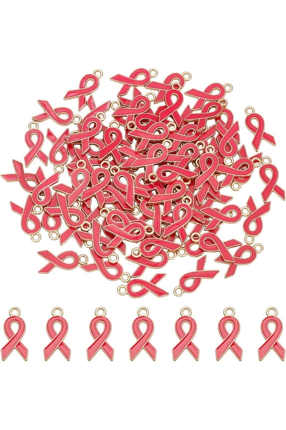 80Pcs Breast Cancer Charms Women Pink Hope Awareness Ribbon Charms Metal Enamel Ribbon Charm with Loop