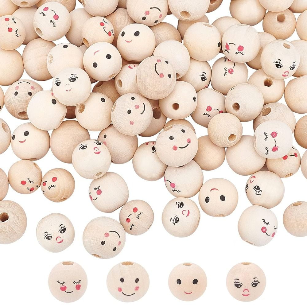 LINRONG 80Pcs Charms Jewelry Making 4 Styles Round 18-20mm Round Wood Beads Beads for Crafts Wooden Beads Head Expression Beads Wooden Beads for Crafts