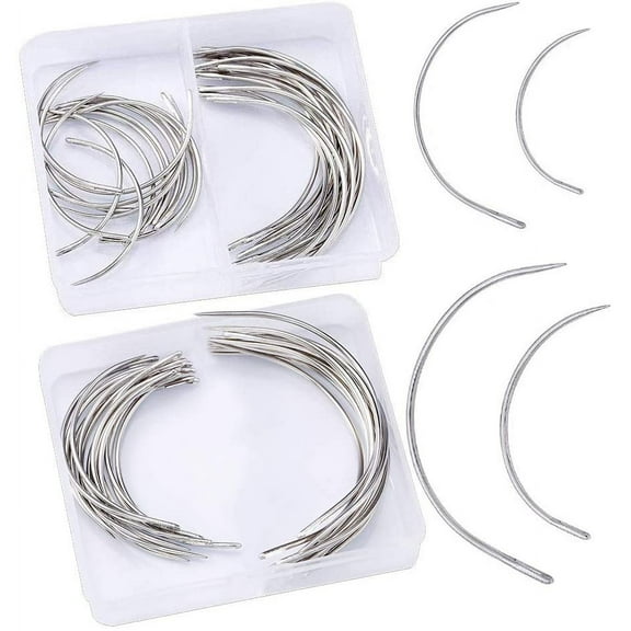 80Pcs Curved Needles Plastic Needle Case with 4 Sizes Hooked Needle for Stitching,Sewing,Embroidery,Hair Weaving