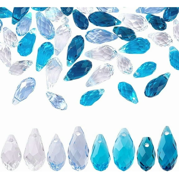 80Pcs Faceted Teardrop Crystal Beads 4 Colors Teardrop Glass Beads Top Drilled Crystal Teardrop Chandelier Dangle Pendants for DIY Jewelry Making Craft Suncatcher Home Decor Clear/Blue