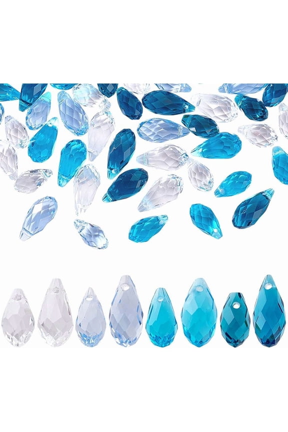 80Pcs Faceted Teardrop Crystal Beads 4 Colors Teardrop Glass Beads Top Drilled Crystal Teardrop Chandelier Dangle Pendants for DIY Jewelry Making Craft Suncatcher Home Decor Clear/Blue