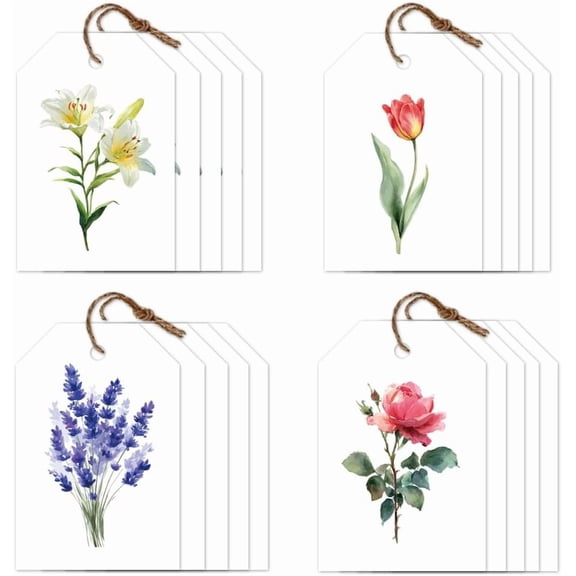 80Pcs Floral Gift Tags with String 4 Style White Paper Hanging Labels Name Tags 23 Inch