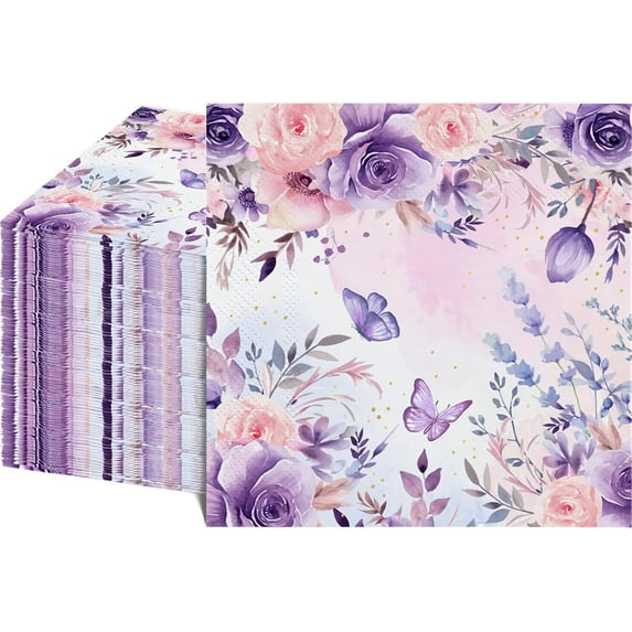 80Pcs Floral Paper Napkins Purple Watercolor Flower Butterfly Disposable Decorative Napkins for Spring Wedding, Birthday Party, Luncheon Napkin, Bridal Shower, Bathroom Hand Napkin(6.5 x 6.5 Inch)