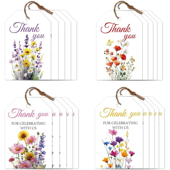80Pcs Floral Thank You Tags with String 4 Style White Paper Thanks Hanging Labels Name Tags 23 Inch