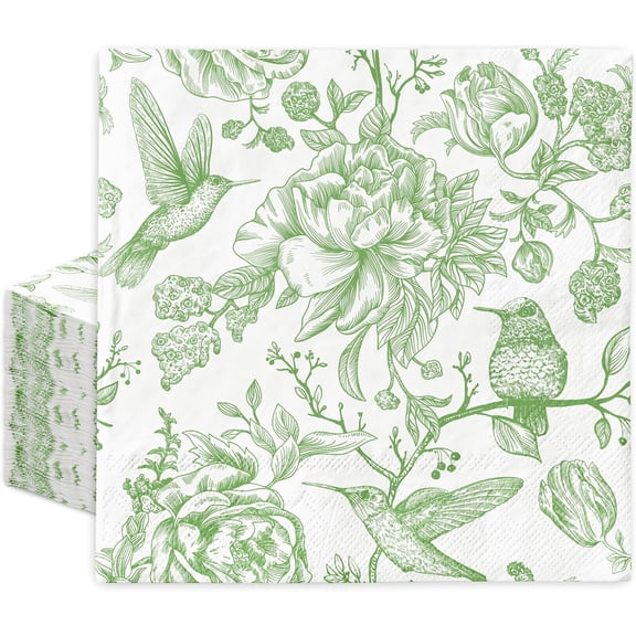 80Pcs Green Floral Paper Napkin Vintage Flower Bird Luncheon Napkin Disposable Dinner Napkin for Home Kitchen Tea Party Supplies
