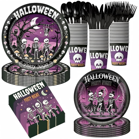 80Pcs Halloween Tableware Set Smiling Skeleton Disposable Party Supplies Black 9 &7 Inch Paper Plates 6.5 Inch Napkins Cups and Cutlery for 10 Guests