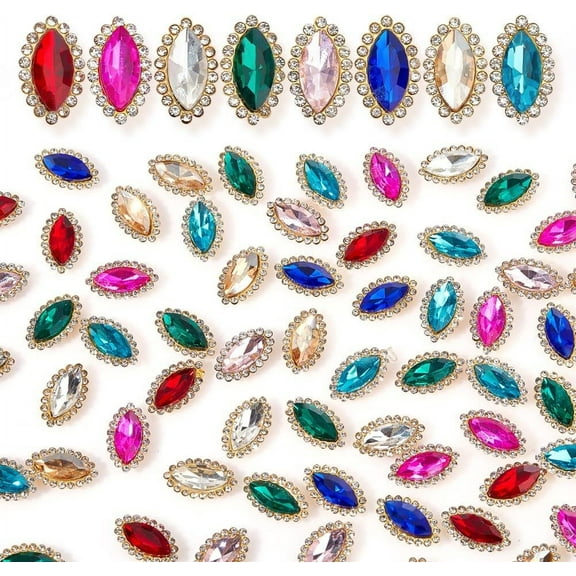 80Pcs Horse Eye Sew on Rhinestones 8 Colors Flatback Faceted Sewing Glass Rhinestones with Prong Settings Sew on Stone Rhinestone Buttons for Crafts DIY Jewelry Making Clothes 12x20mm