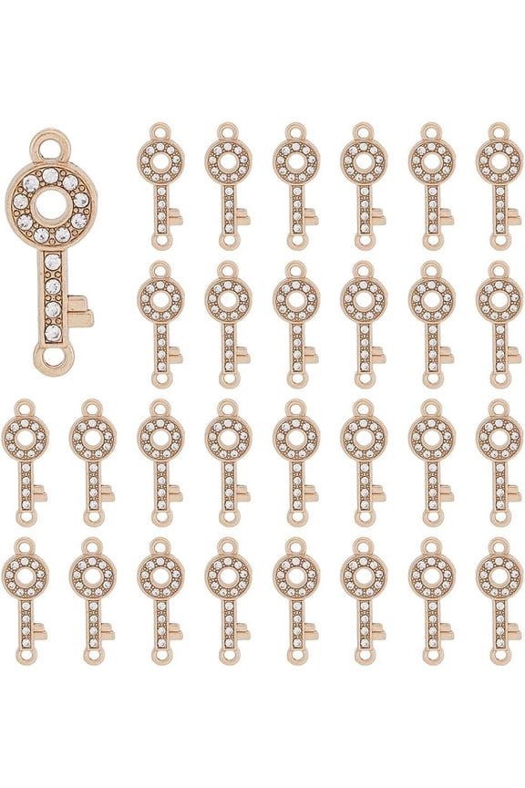 80Pcs Key Shape Connector Charms Key Links Charms with Rhinestone Light Gold Links Connectors Elegant Alloy Connector Charms for Jewelry Making Hole: 1.6mm