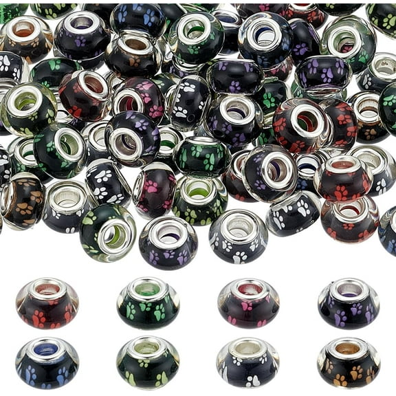 About 80Pcs Large Hole European Beads Rondelle Beads Dog Paw Prints Pattern Resin Beads Spacer Slide Double Cores Beads 14x9mm for DIY Bracelet Necklace Earring Jewelry Making diy