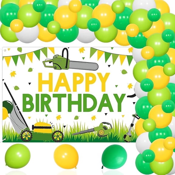 80Pcs Lawnmower Birthday Party Decoration, Green Tractor Party Decor with Mower Backdrop Happy Birthday Green Balloon Garland Arch Kit for Boys Farm Themed Tractor Time Party Supplies