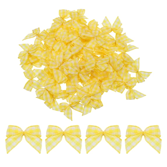 80Pcs Mini Gingham Ribbon Bow 1" Checkered Fabric Satin Ribbon Bows for Craft DIY Bow Sewing Yellow and White
