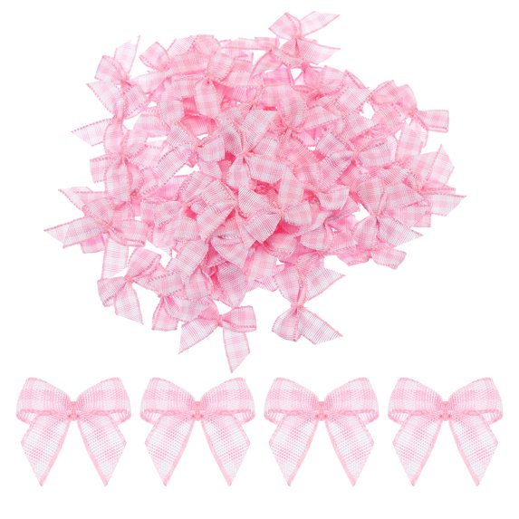 80Pcs Mini Gingham Ribbon Bow 1" Checkered Fabric Satin Ribbon Bows for Craft DIY Hair Bow Sewing Pink and White