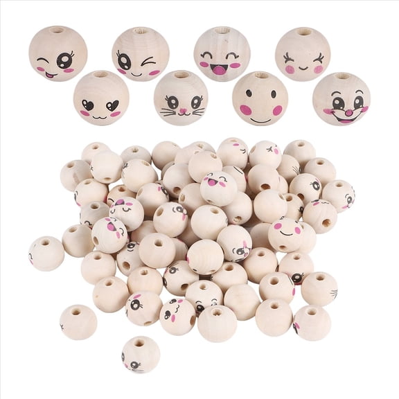 80Pcs Natural Round Smile Face Wooden Beads, 20mm Bead with Center Hole, 8 Assorted Styles for DIY Crafts