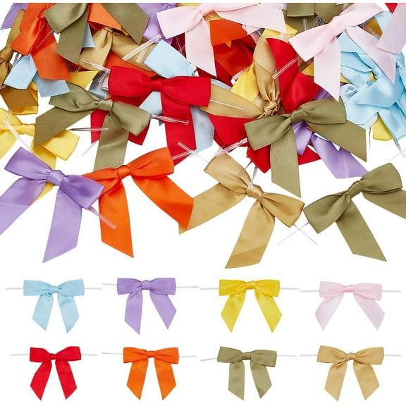 80Pcs Pastel Rainbow Satin Ribbon Bows 8 Styles Polyester Bowknot with Ties Crafts Bags Baskets Cake Pop Premade Colorful for Gift Wrapping Birthday Wedding Decoration