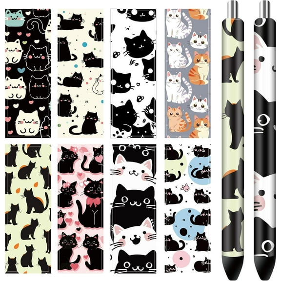 80Pcs Pen Wraps Decal 8 Styles Cute Black Cats Kitty Face 4.71.6in HD Print Waterproof Coated Paper Self-Adhesive Stickers for Hlloween Personalized Blank Pencil DIY Crafts Creative Gifts