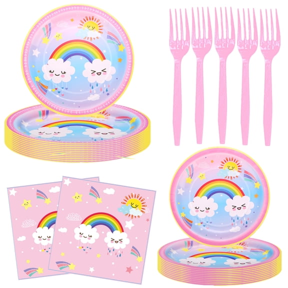 80Pcs Rainbow Birthday Decorations Tableware Complete Party Set, Includes Pastel-Rainbow Paper Plates Napkins Forks, Serves 20 Guests
