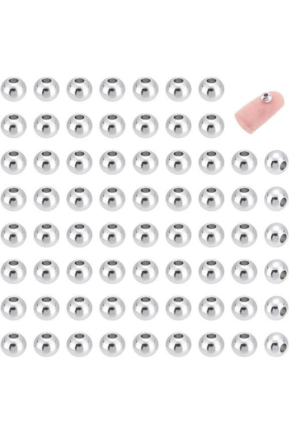 80Pcs Round Spacer Beads Stainless Steel Loose Beads 6mm Rondelle Beads Metal Spacer Beads Hollow Round Smooth Beads Finding for DIY Bracelet Necklace Jewelry Making