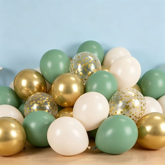 80Pcs Sage Green White Metallic Gold Confetti Balloon Garland Kit, 12 Inch Latex Balloons with Ribbon, Neutral Boho Party Decor for Wedding, Baby Shower, Birthday, Bridal Shower Backdrop Decorations