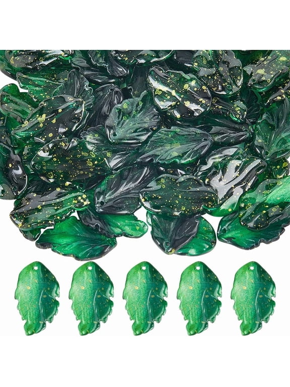 80Pcs Small Glass Leaf Charms Green Leaves Beads Bulk Transparent Natural Plants Leaf Shaped Bead Mini Dangle Charm