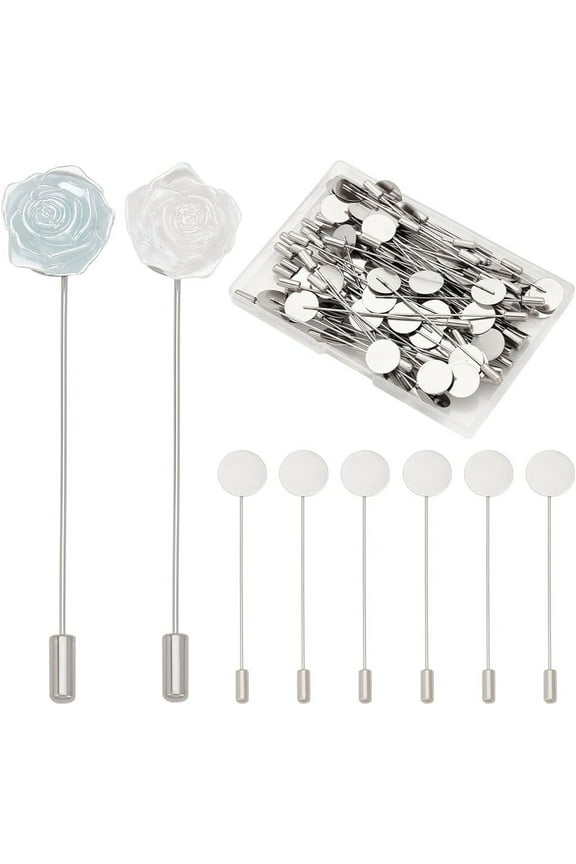 80Pcs Stainless Steel Brooch Findings 77mm Long Metal Flat Round Tray Lapel Pin Safety Pins Stick Pins Brooch Pin Needle Suit Tie Hat Pin Scarf Badge for Jewelry Making Accessories DIY