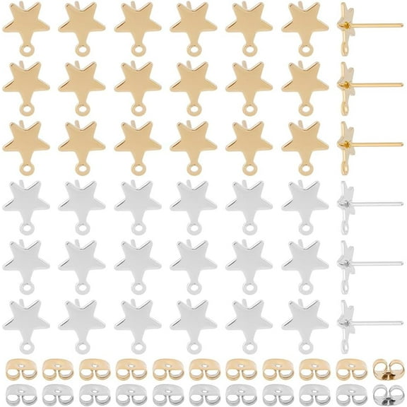 80Pcs Star Stud Earring Findings Stainless Steel Earring Post with Loop Backs Gold Sliver Ear Stud for Women DIY Dangle Jewelry Making Kit Accessories Supplies