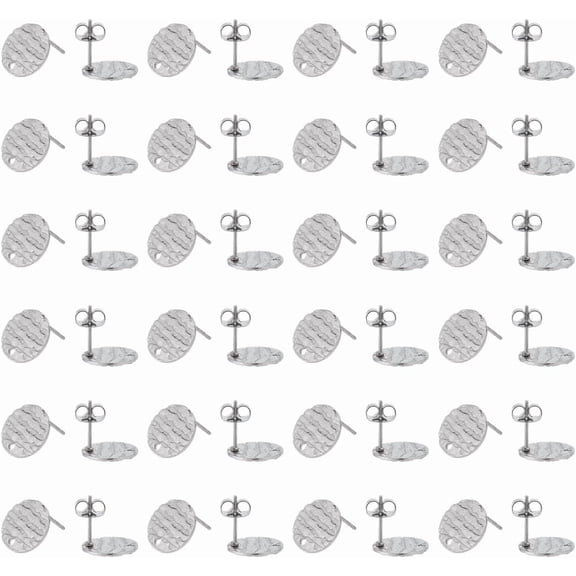 80Pcs Stud Earring Findings Stainless Steel Earring Posts with Backs Blank Studs Textured Flat Round Post with Holes 12x1mm for Jewelry Making Accessories DIY