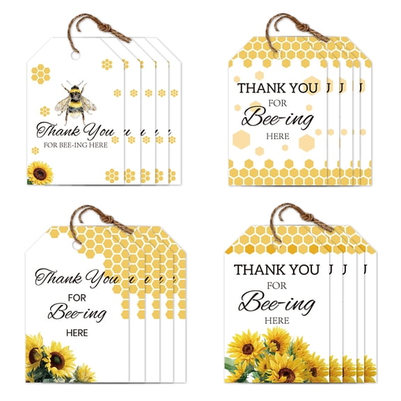 80Pcs Thank You Tags with String 4 Style Thank You Bee Theme Hanging Labels Name Tags 23 Inch for Presents Birthday Clothes Holiday Party Favor Decor